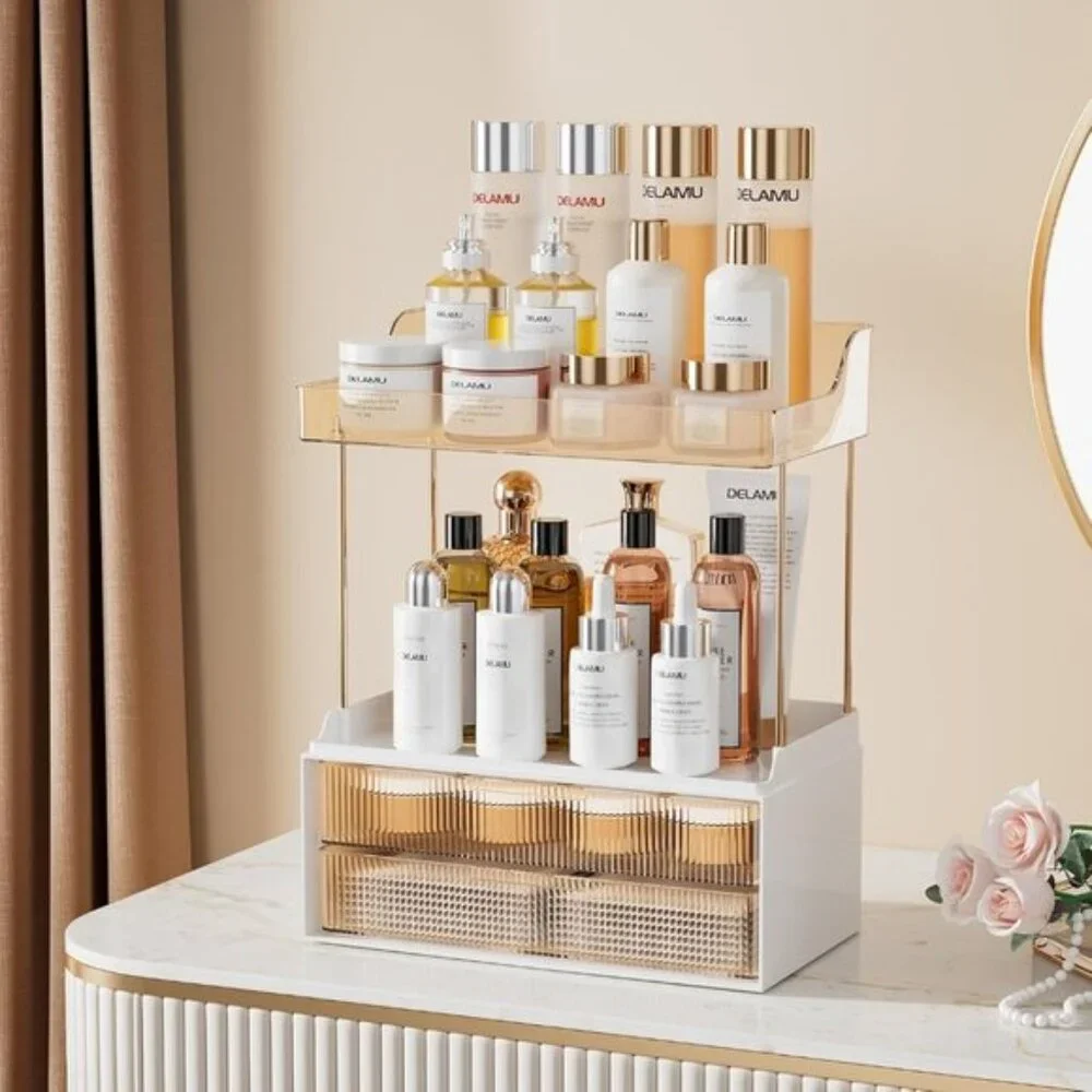 New 2-Tier Bathroom Organizer with Drawers, Amber Countertop Storage for Vanity
